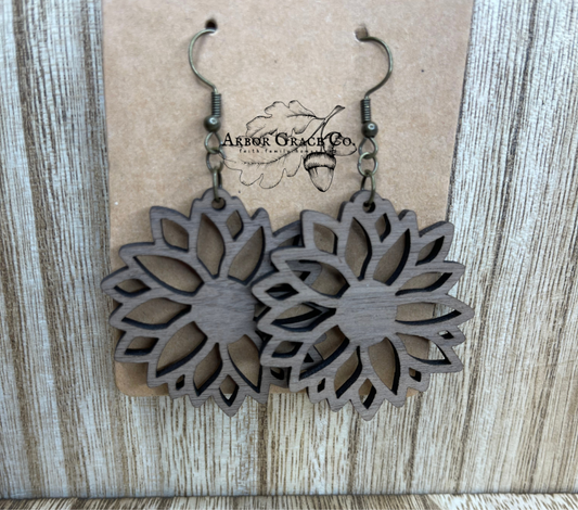 Sunflower Earrings in Solid Walnut Hardwood