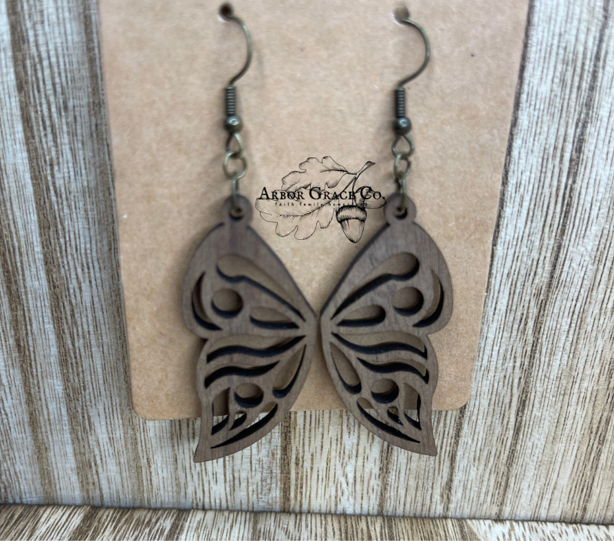 Butterfly Earrings - Single Wings in Solid Walnut Hardwood