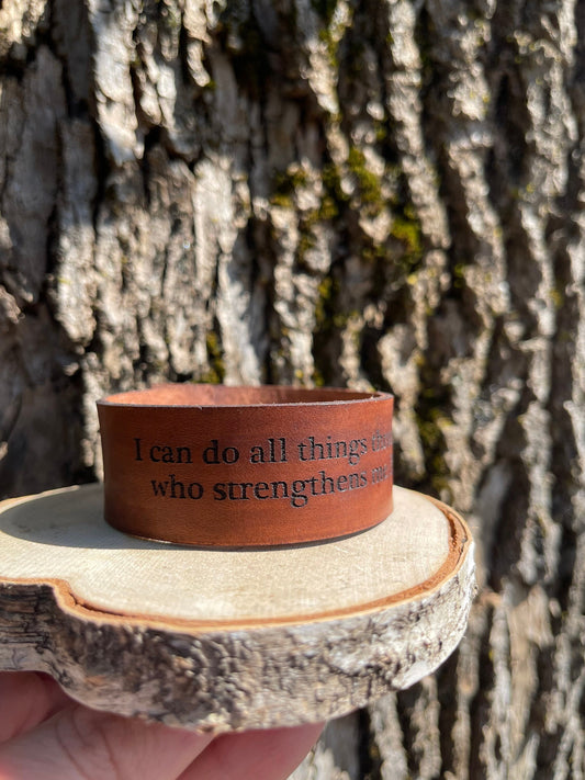 Phil 4:13 Leather Bracelet, I can do all things through Him! (wide)