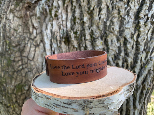 Mark 12:29-31 Leather Bible Verse Bracelet (wide)